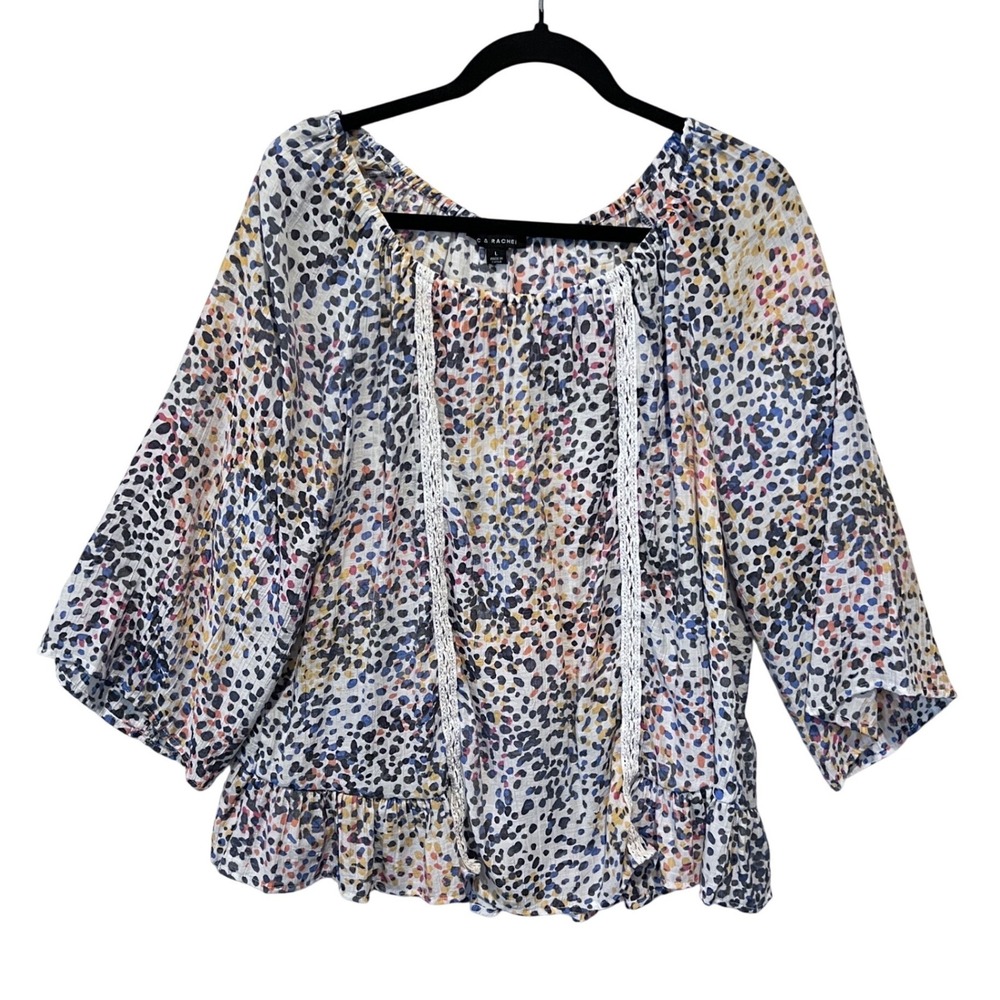 Zac & Rachel Multi Color Abstract Dot Ruffle Hem Blouse Crochet Trim Large